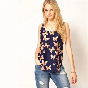 est Women'S Chiffon Tops Butterfly Print Chiffon Shirt Sweet Girls Vestido Plus Size Women Clothing