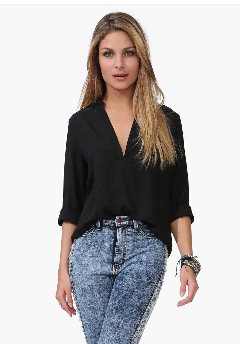 Fashion Spring Long Sleeve V-neck Chiffon Vintage T Shirt Tops