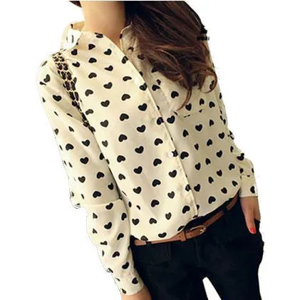 Fashion Vintage Women's Shirt Chiffon Blouse Love Heart Sweet Black Women Long Sleeve Tops S M L