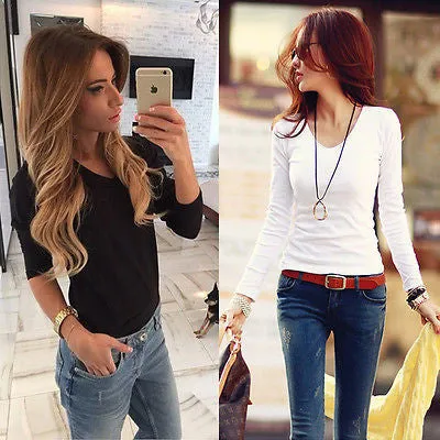 Fashion Women's Loose Long Sleeve Cotton Casual Blouse Tee Shirt Tops V-neck