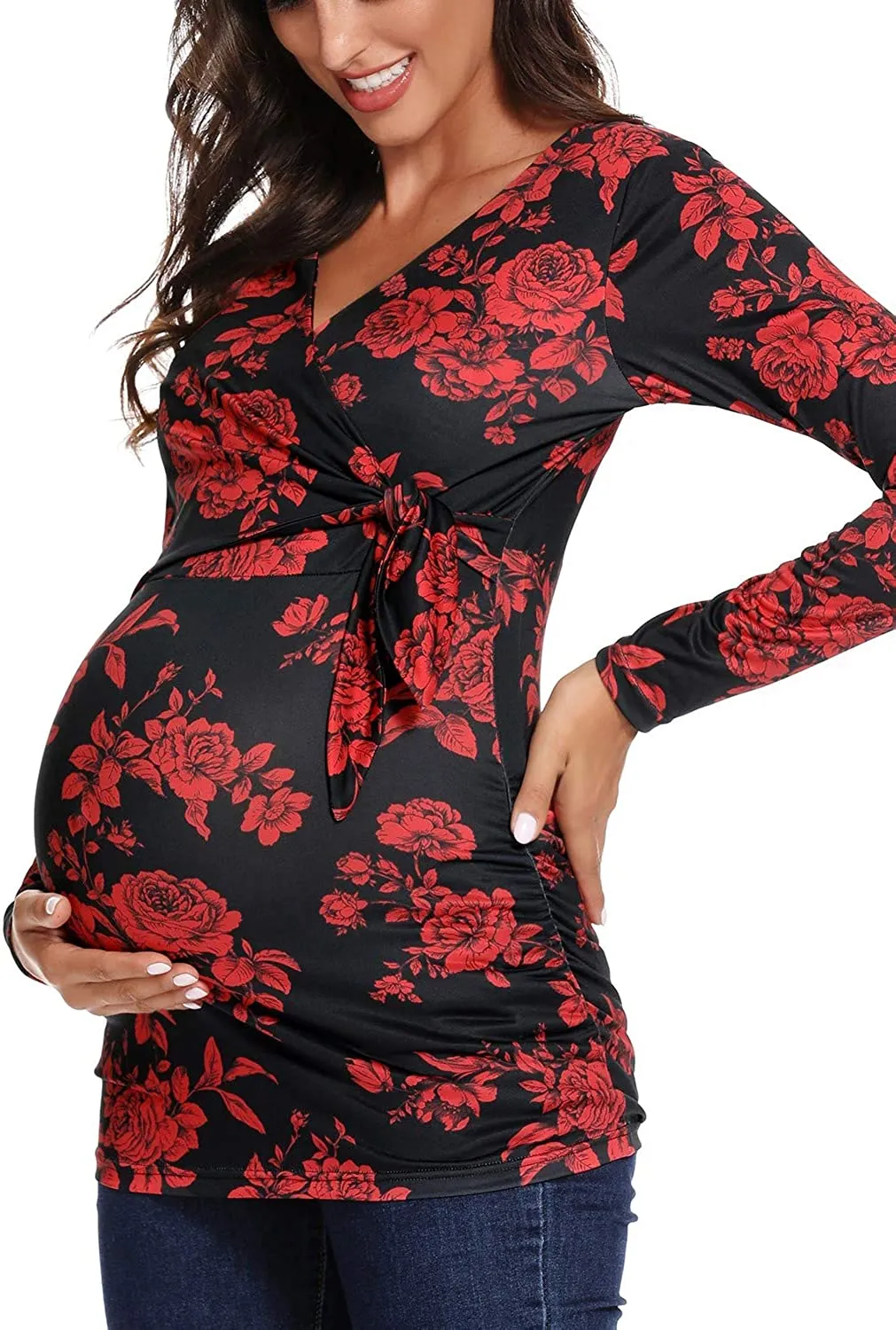 Floral Long Sleeve V-Neck Maternity Tops