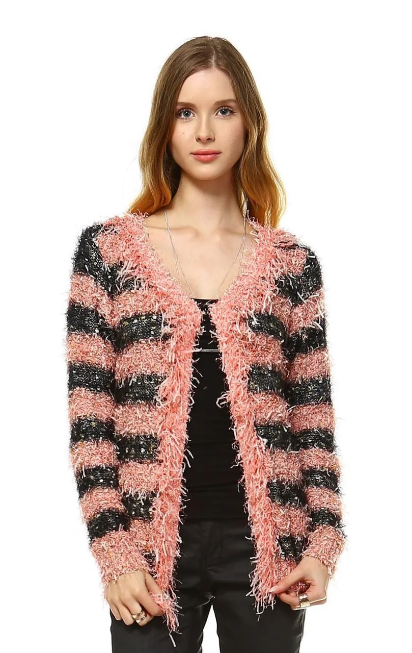Fuzzy Cardigan Sweater Open Front Closure Black Salmon