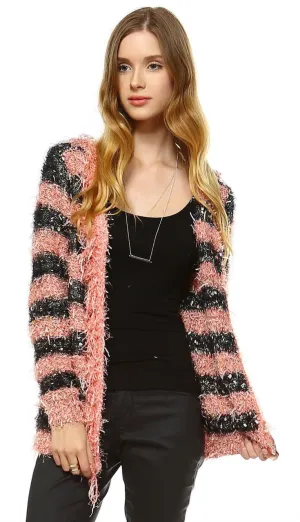 Fuzzy Cardigan Sweater Open Front Closure Black Salmon