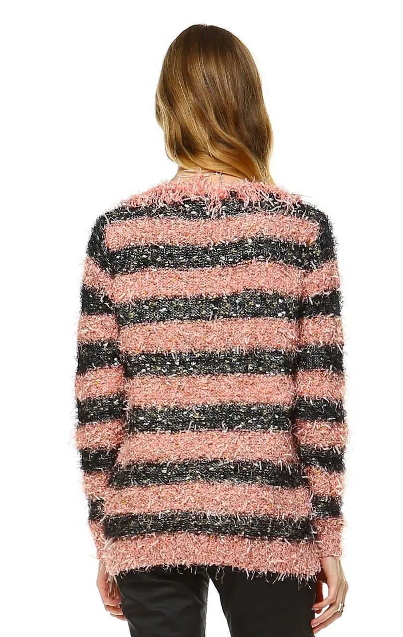 Fuzzy Cardigan Sweater Open Front Closure Black Salmon