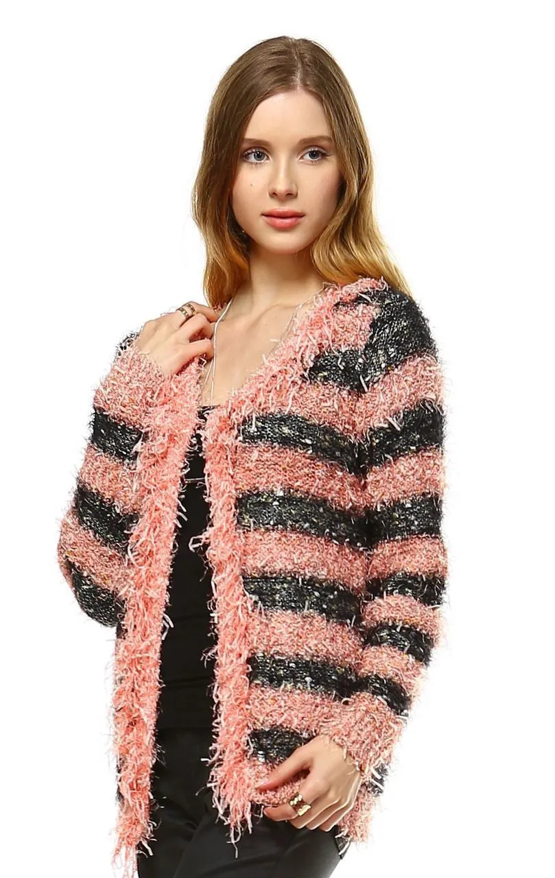 Fuzzy Cardigan Sweater Open Front Closure Black Salmon