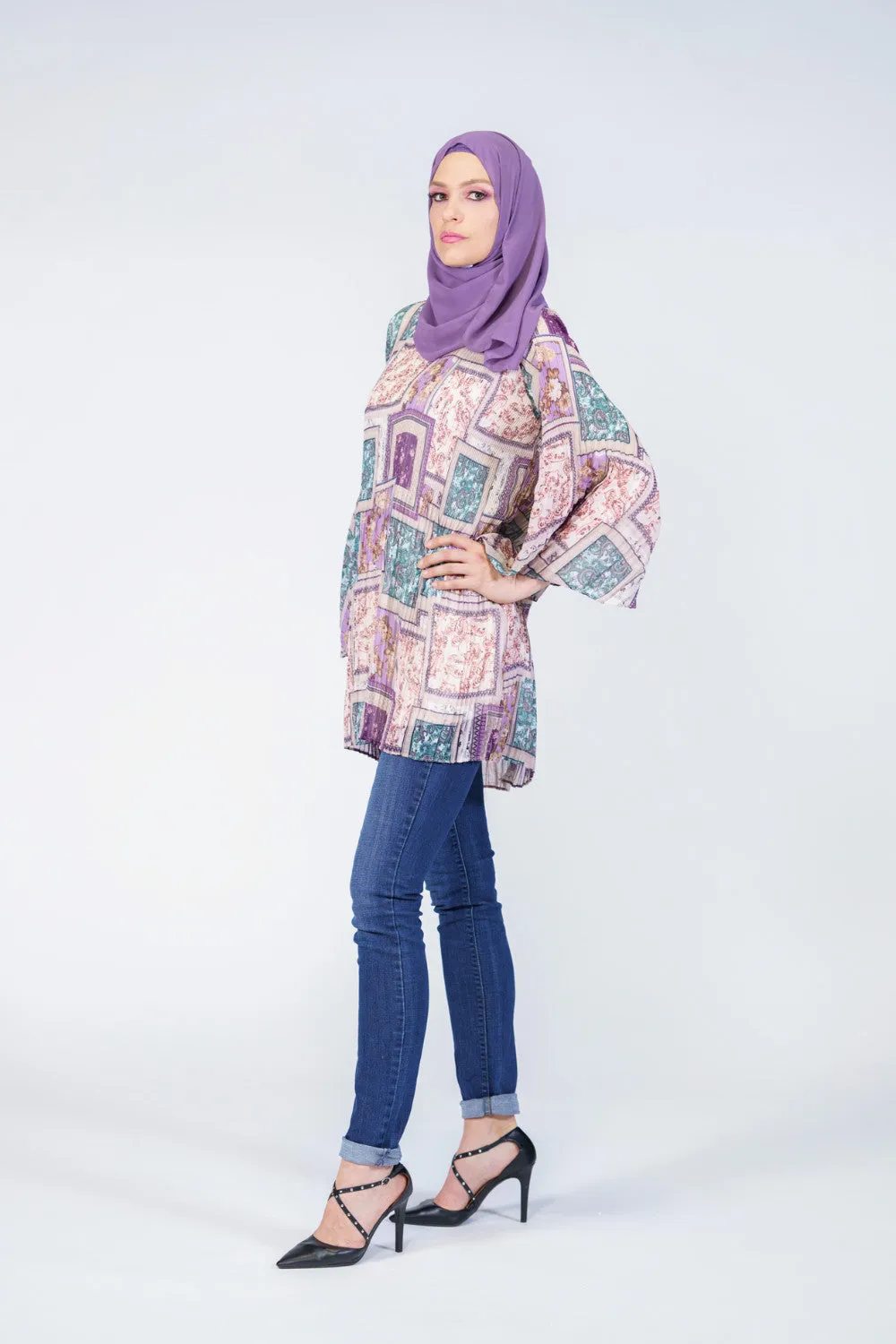 Geo Print Lace Trim Modest Blouse | Purple