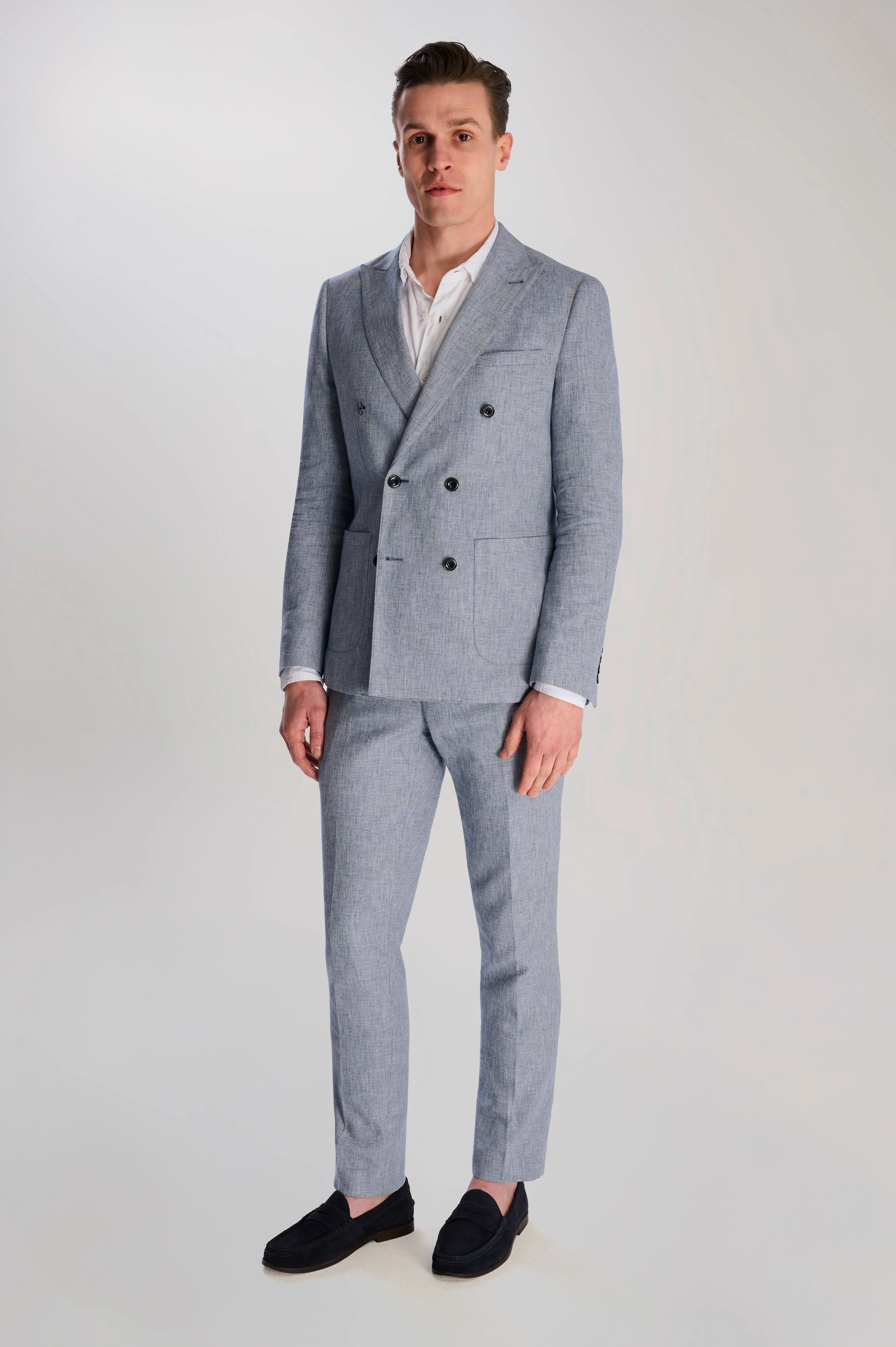 Giacomo Slim Fit Cotton Linen Suit Trousers in Chambray