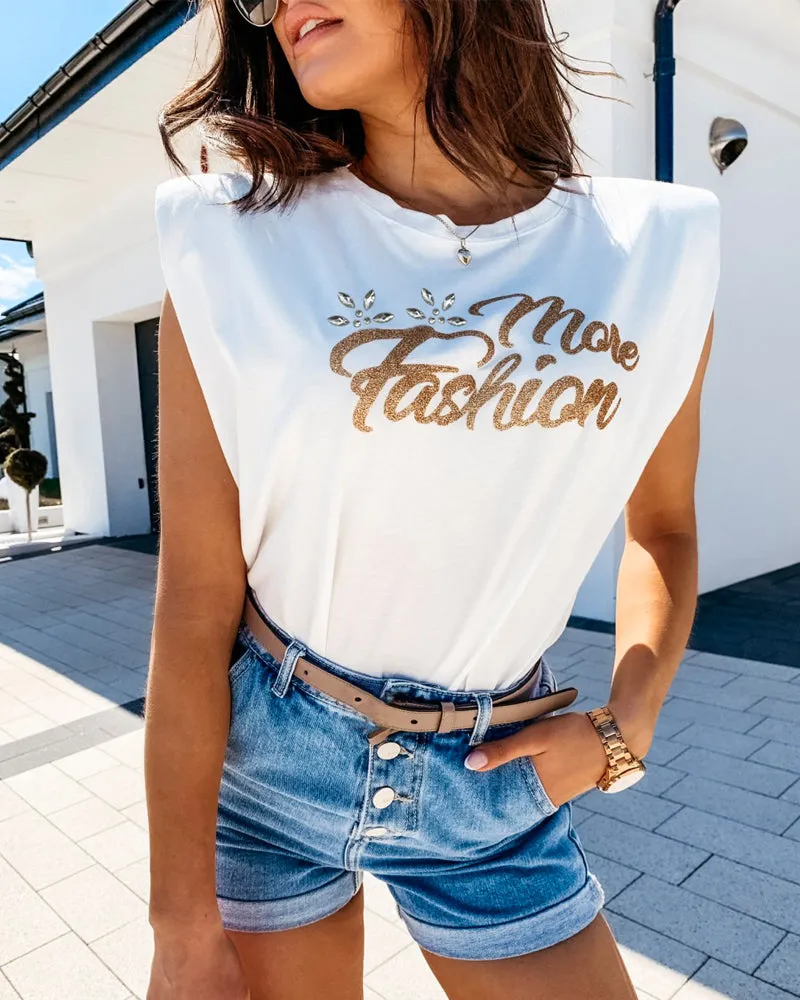 Golden Text Letters Sleeveless T-Shirt