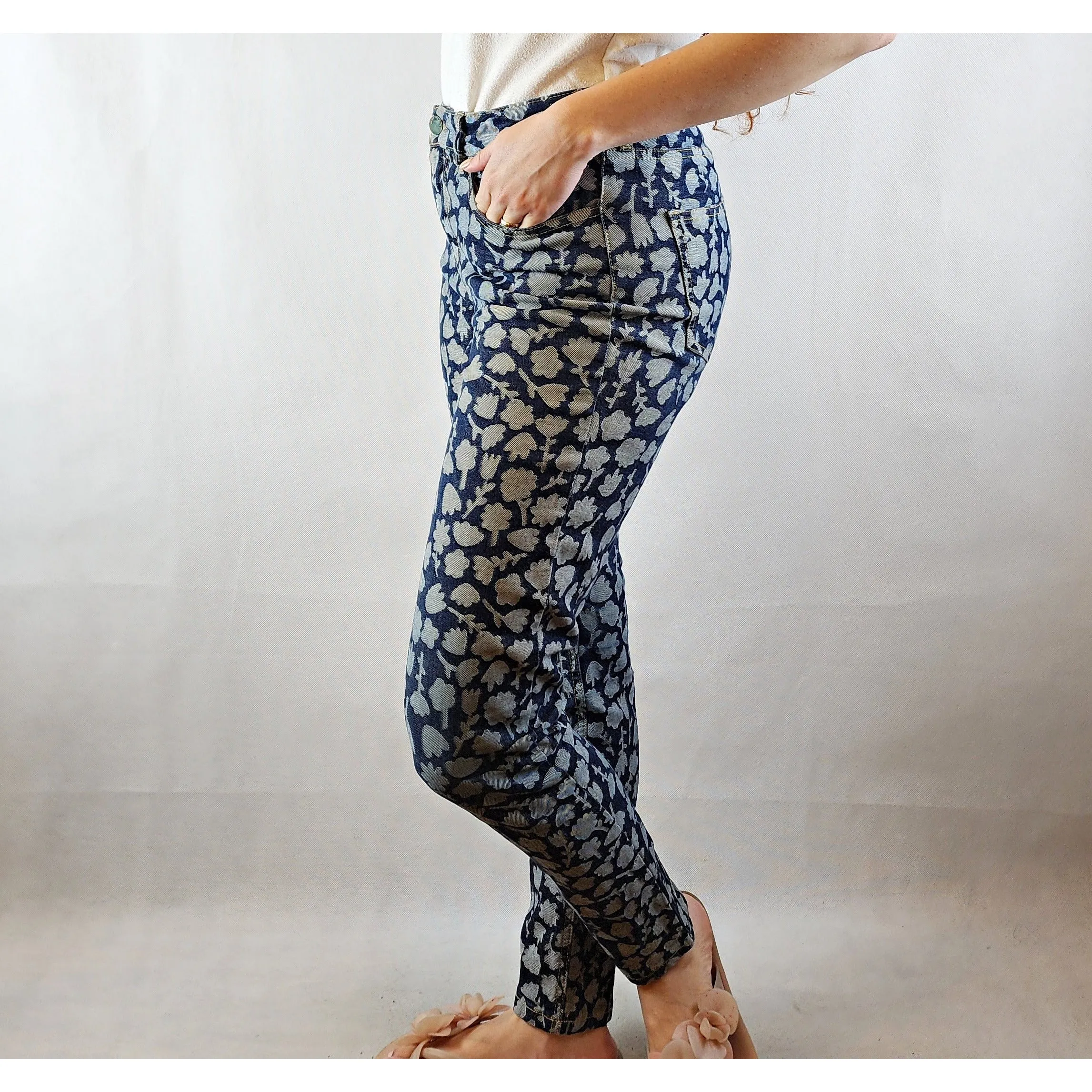 Gorman dark denim jeans with light denim floral shapes size 10