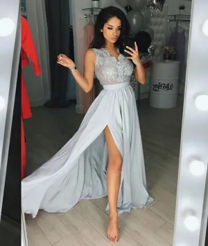 Gray v neck chiffon lace long prom dress, gray evening dress