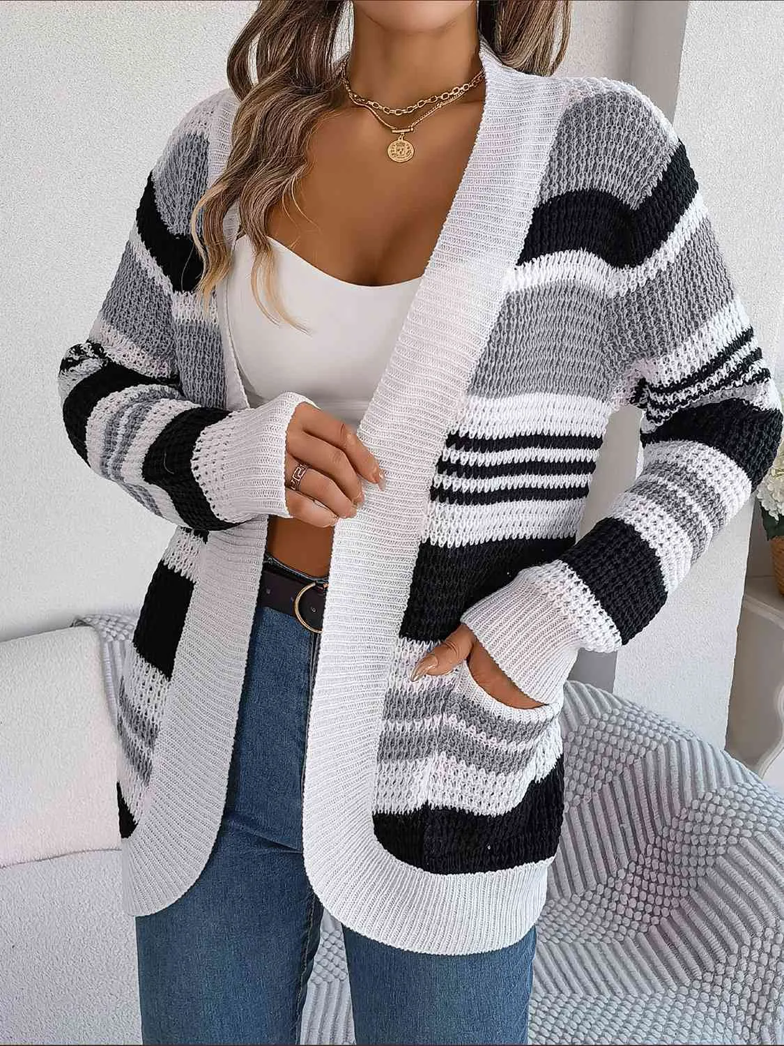 Hazel Blues® |  Striped Open Front Long Sleeve Cardigan
