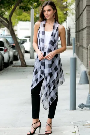 Hdf2567bk - Black Plaid Knee Length Kimono Cardigan