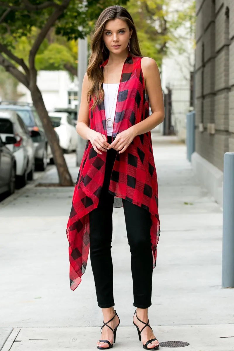 Hdf2567bk - Black Plaid Knee Length Kimono Cardigan