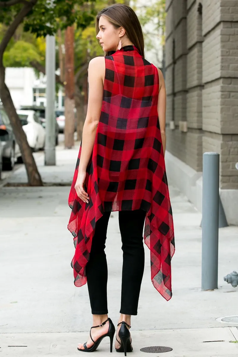 Hdf2567bk - Black Plaid Knee Length Kimono Cardigan