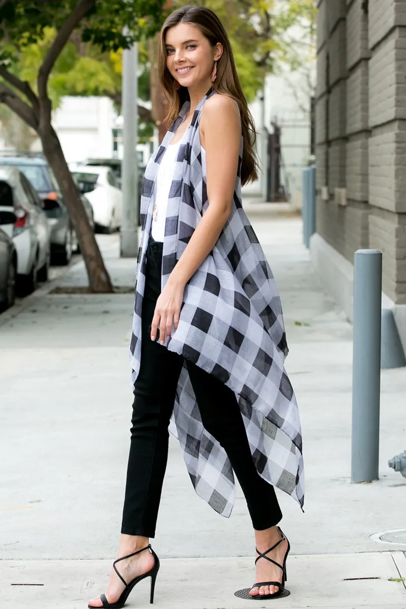 Hdf2567bk - Black Plaid Knee Length Kimono Cardigan