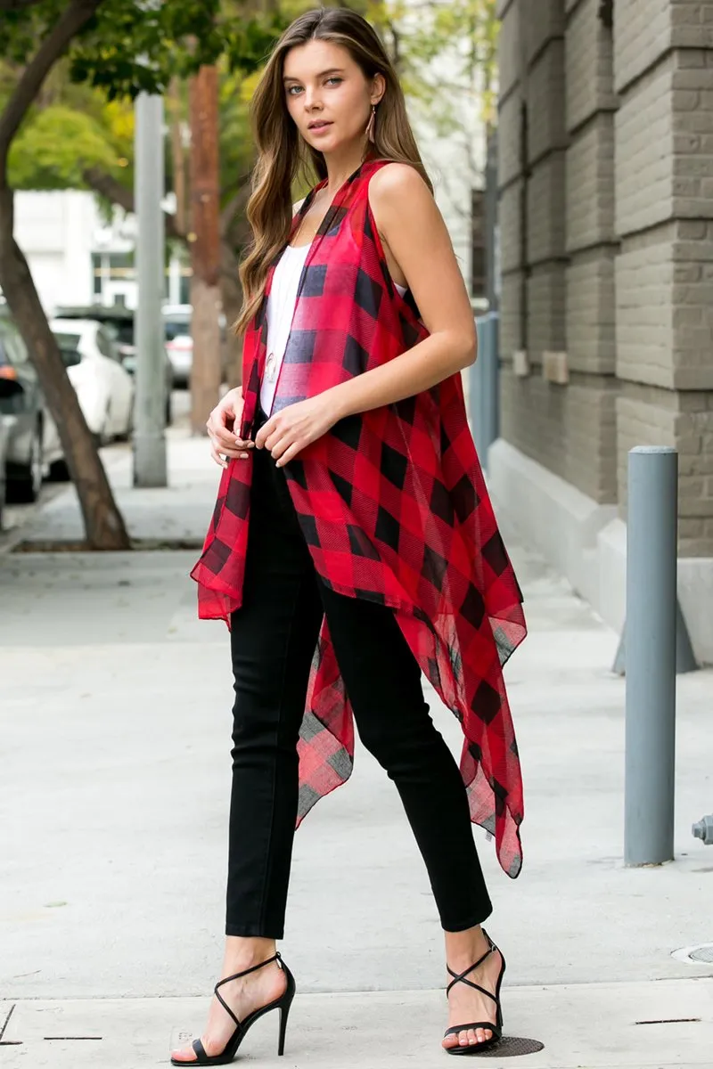 Hdf2567bk - Black Plaid Knee Length Kimono Cardigan