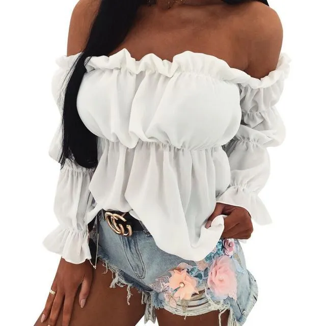 Hirigin Off Shoulder Chiffon Sexy Shirt Tops and Blouses