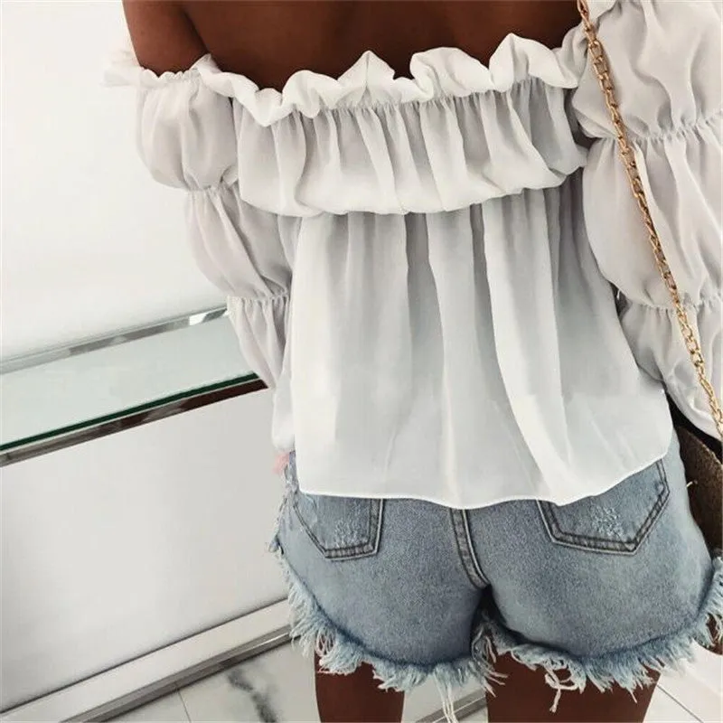 Hirigin Off Shoulder Chiffon Sexy Shirt Tops and Blouses