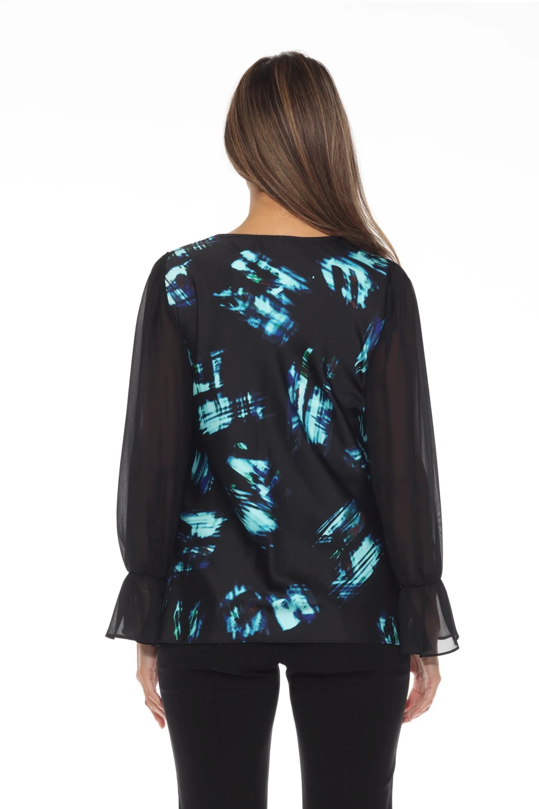 Joseph Ribkoff Black/Multi Abstract Cowl Neck Chiffon Sleeve Top 243138