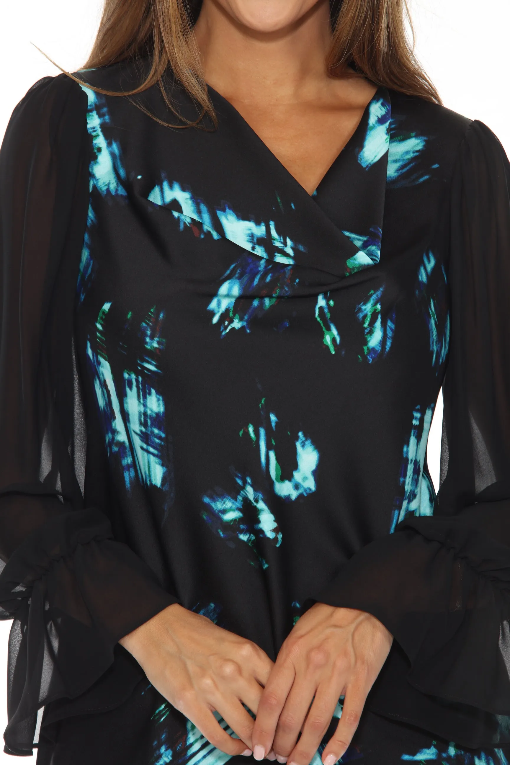 Joseph Ribkoff Black/Multi Abstract Cowl Neck Chiffon Sleeve Top 243138