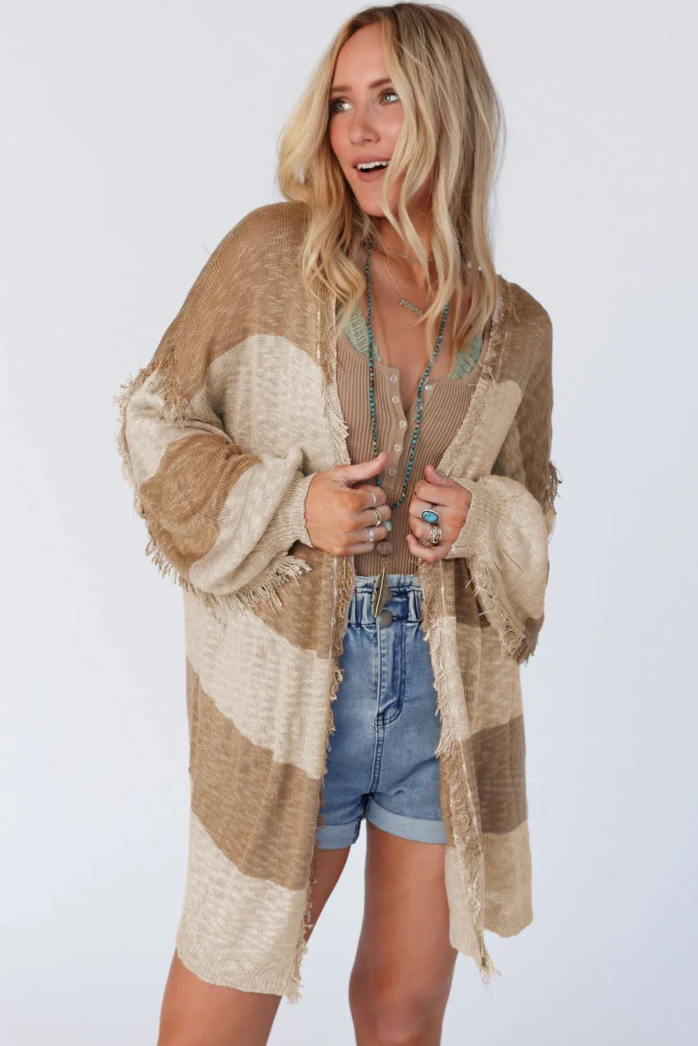 KaleaBoutique Beautiful Lantern Sleeve Fringed Open Cardigan