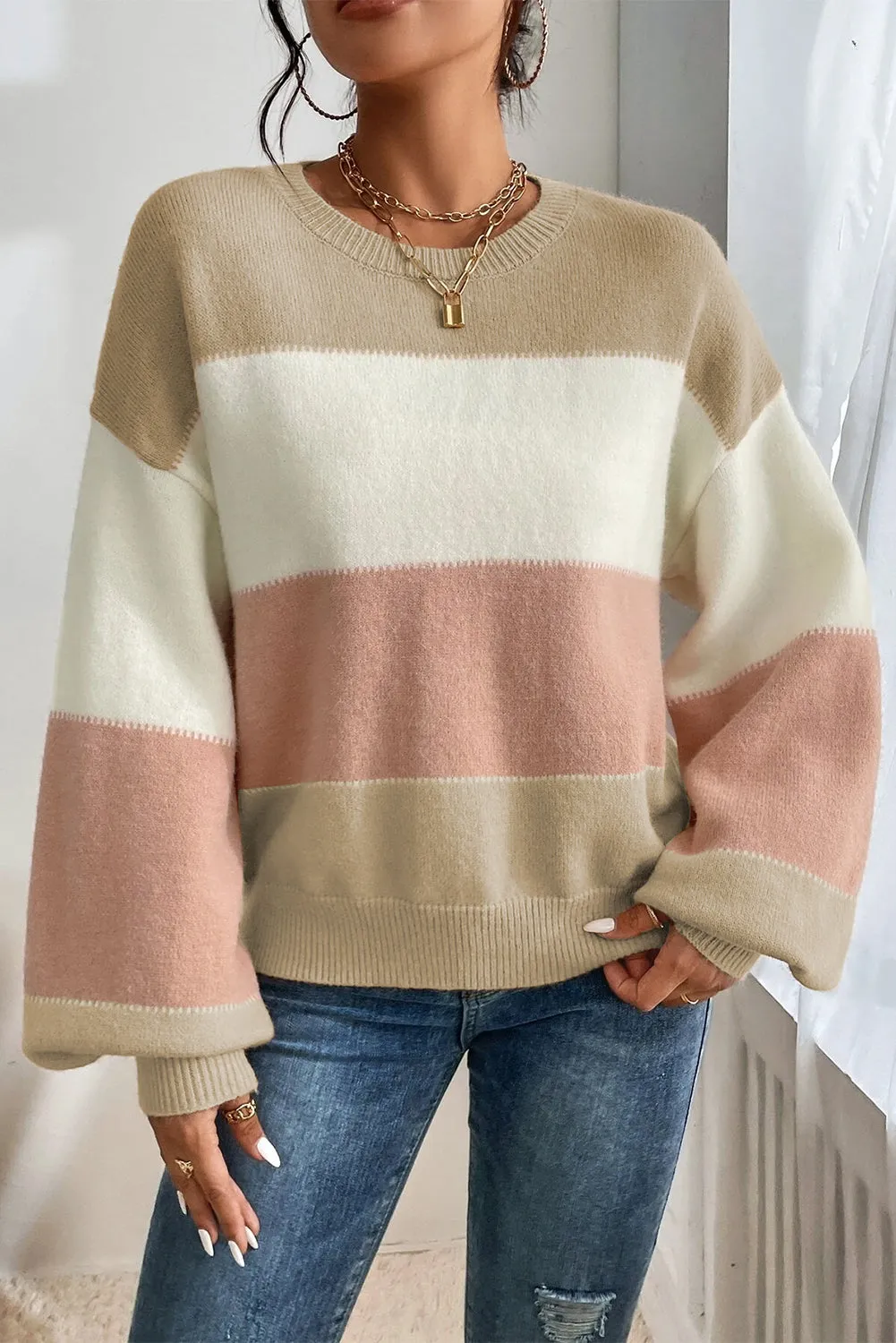 KaleaBoutique Color Block Lantern Sleeve Drop Shoulder Sweater