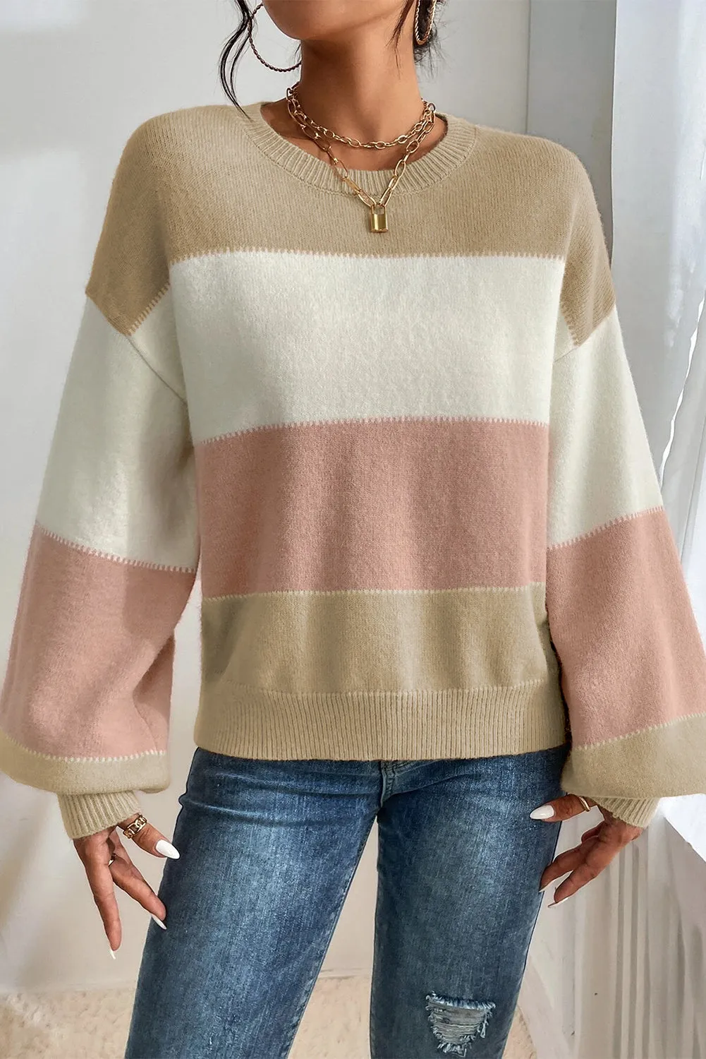 KaleaBoutique Color Block Lantern Sleeve Drop Shoulder Sweater
