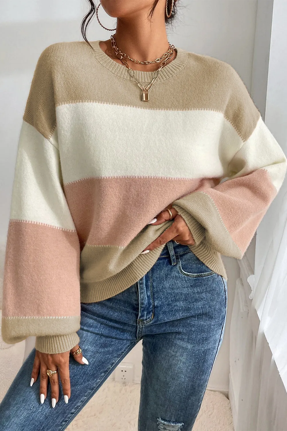 KaleaBoutique Color Block Lantern Sleeve Drop Shoulder Sweater