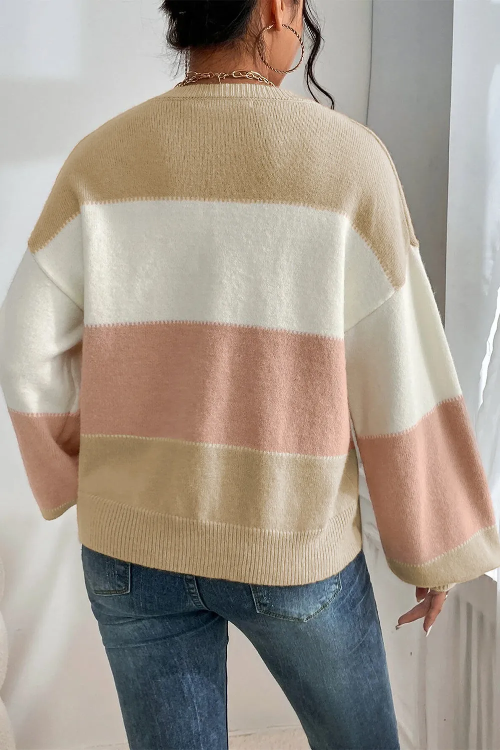 KaleaBoutique Color Block Lantern Sleeve Drop Shoulder Sweater