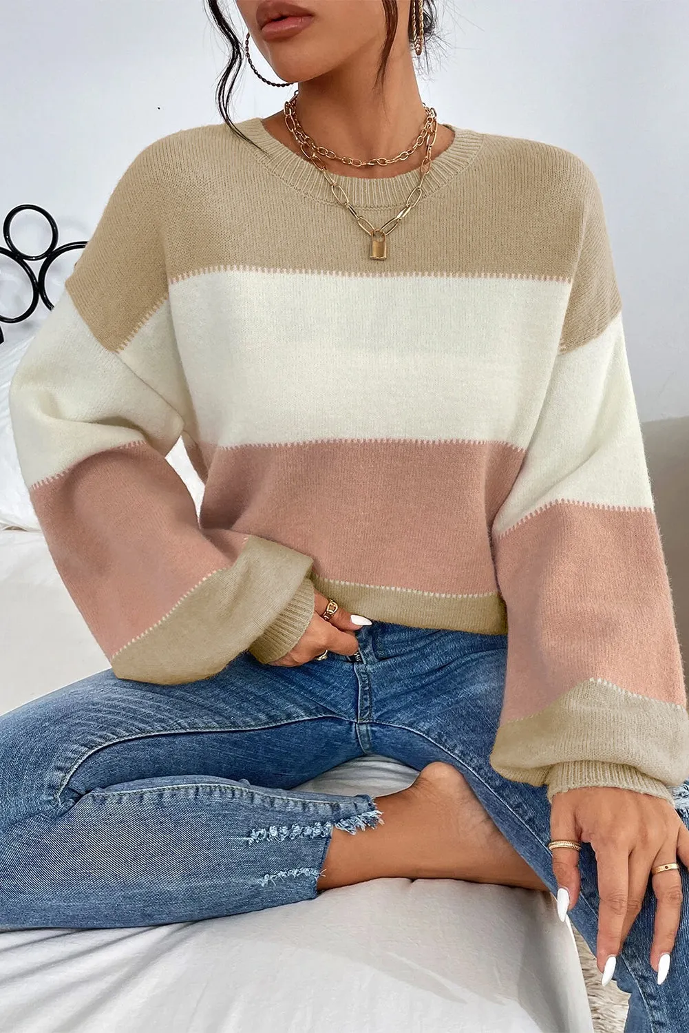 KaleaBoutique Color Block Lantern Sleeve Drop Shoulder Sweater