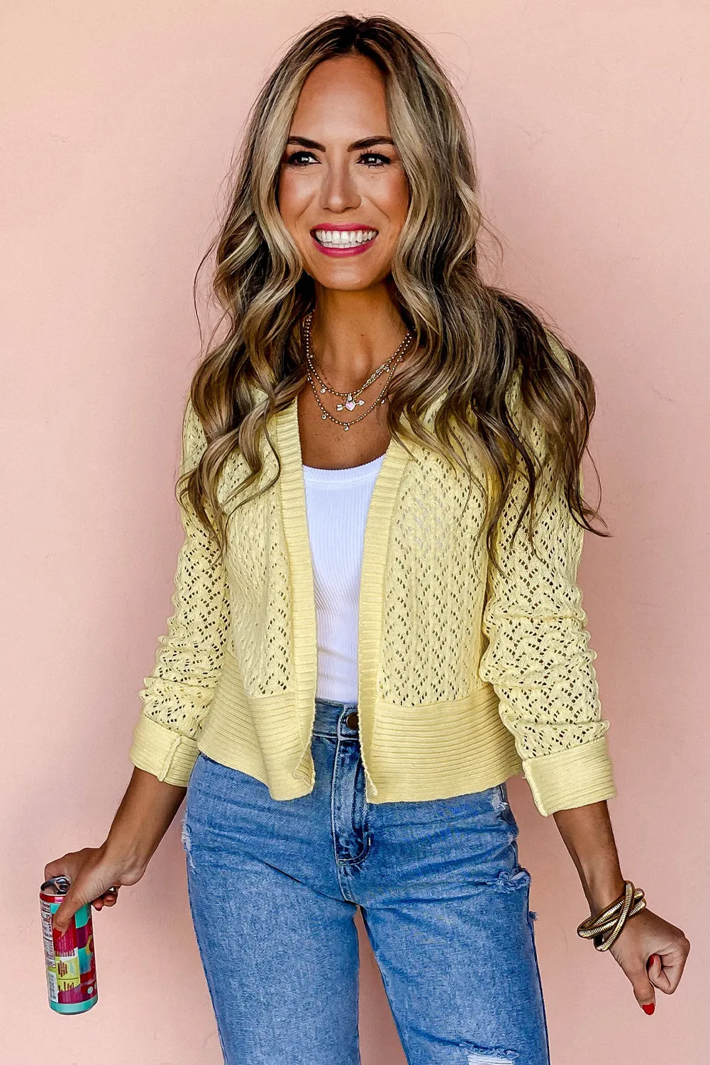 KaleaBoutique Pointelle Knit Open Front Short Cardigan