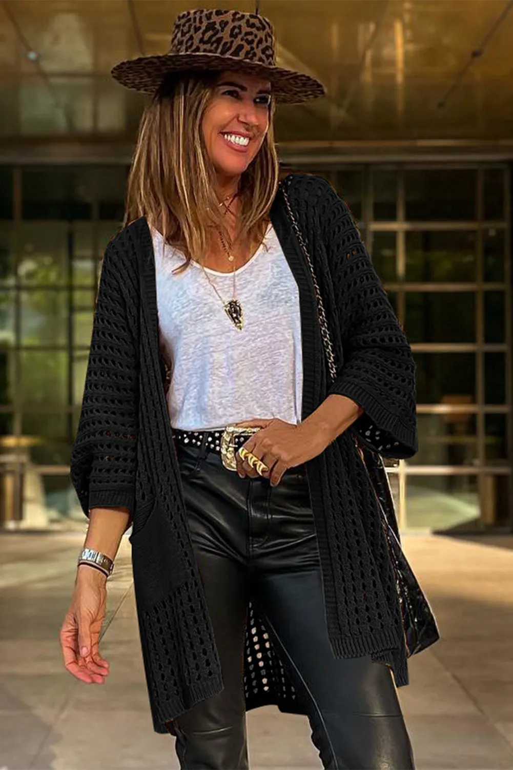 KaleaBoutique Pointelle Knit Pocket Open Front Cardigan