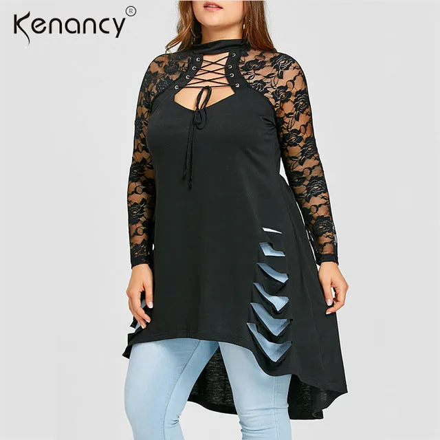 Kenancy Gothic 5XL Plus Size Sexy Lace Trim Cut Out Black T Shirt Women Lace Sleeve Mock Neck High Low Hem Shredded Women Tops