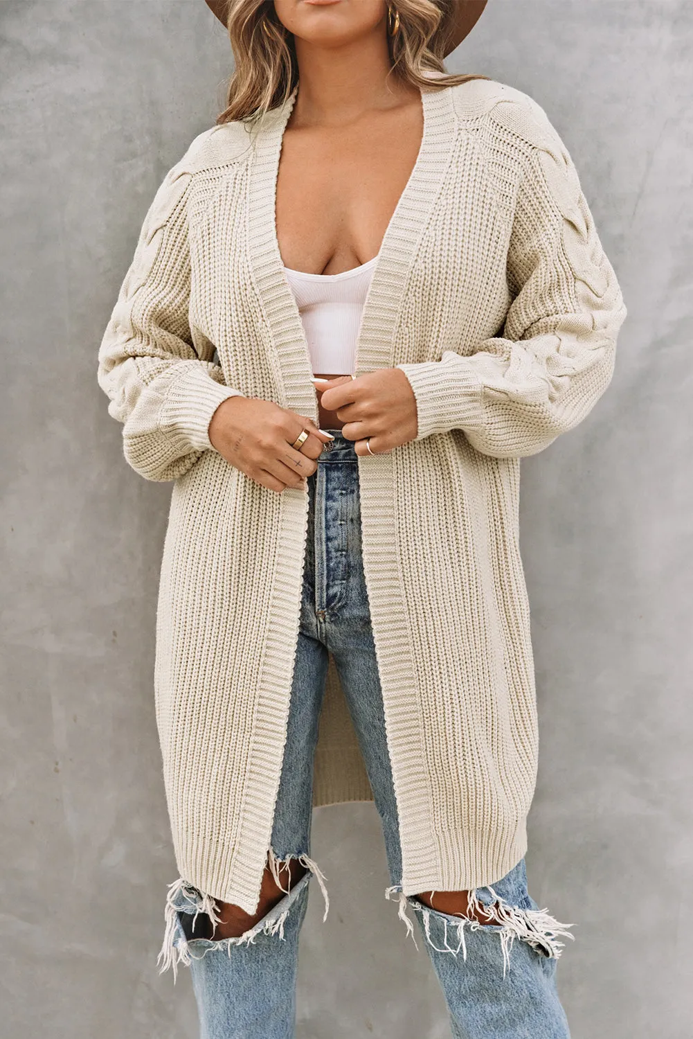 Khaki Open Front Cable Sleeve Long Cardigan