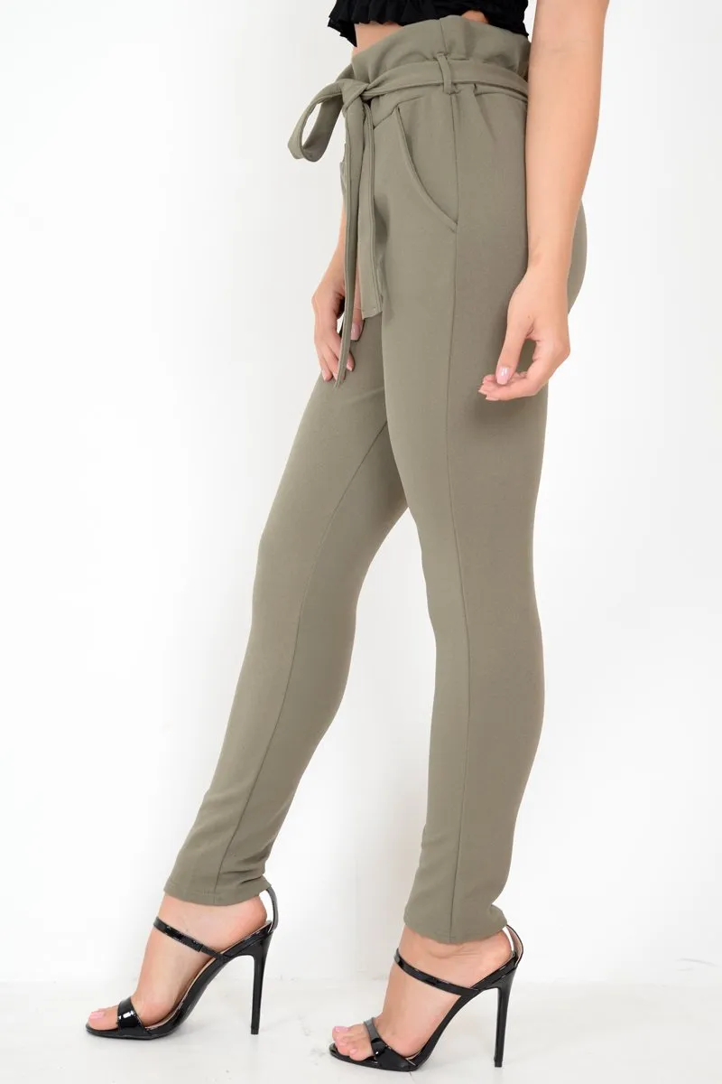 Khaki Paper Bag Tie Waist Cigarette Trousers - Karmen