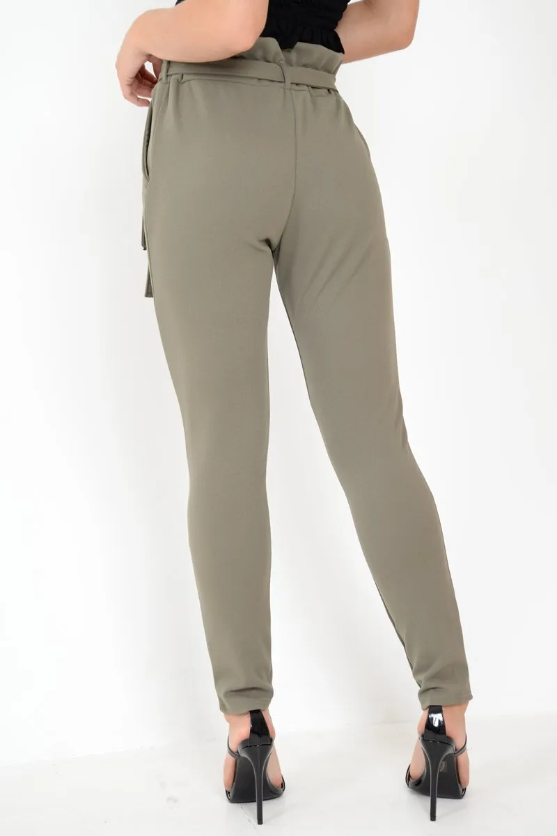 Khaki Paper Bag Tie Waist Cigarette Trousers - Karmen
