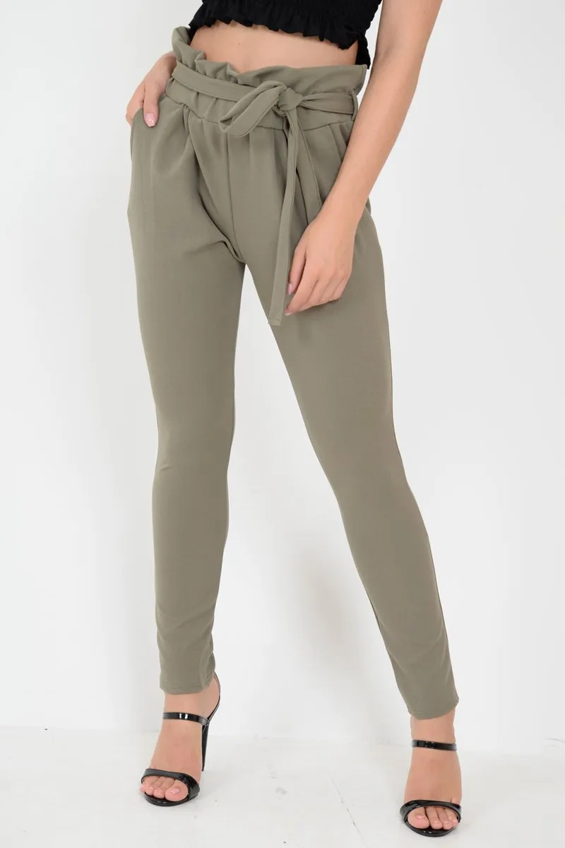 Khaki Paper Bag Tie Waist Cigarette Trousers - Karmen