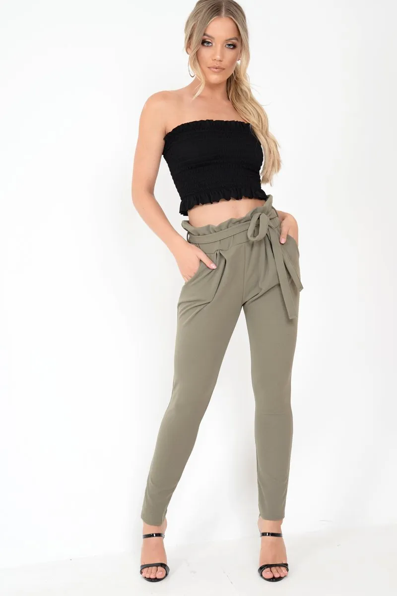 Khaki Paper Bag Tie Waist Cigarette Trousers - Karmen