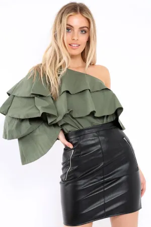 Khaki Ruffle One Sleeve Top - Sierra