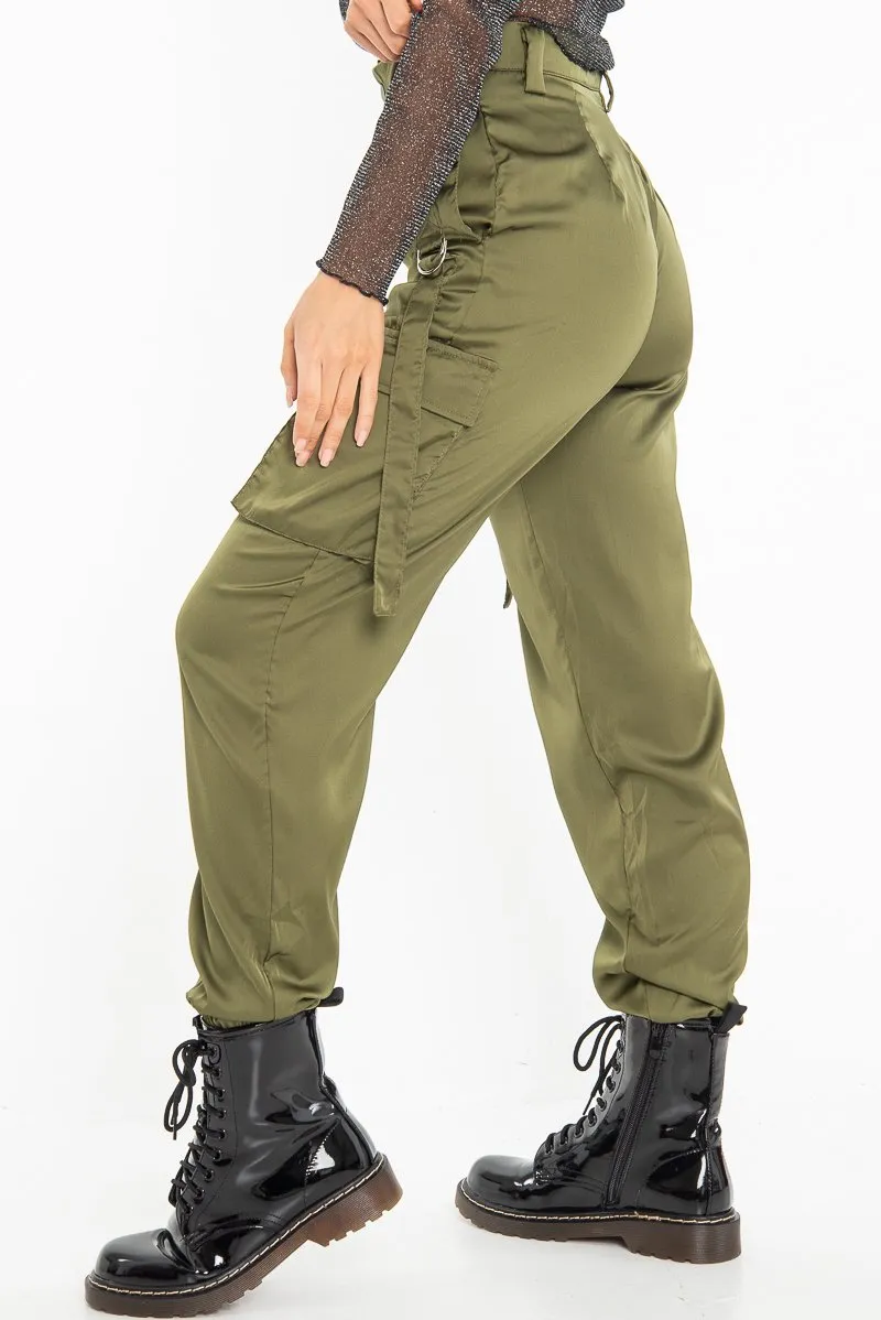 Khaki Satin Utility Pocket Cuffed Hem Trousers - Delilah