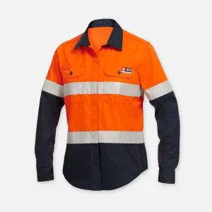 KingGee Women's Shieldtec Flame Resistant Hi Vis 2 Tone Open Front Long Sleeve Shirt with FR Tape - Orange/Navy
