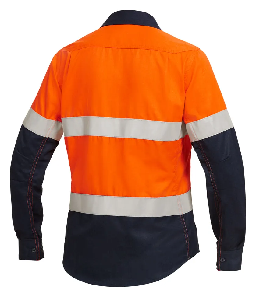KingGee Women's Shieldtec Flame Resistant Hi Vis 2 Tone Open Front Long Sleeve Shirt with FR Tape - Orange/Navy