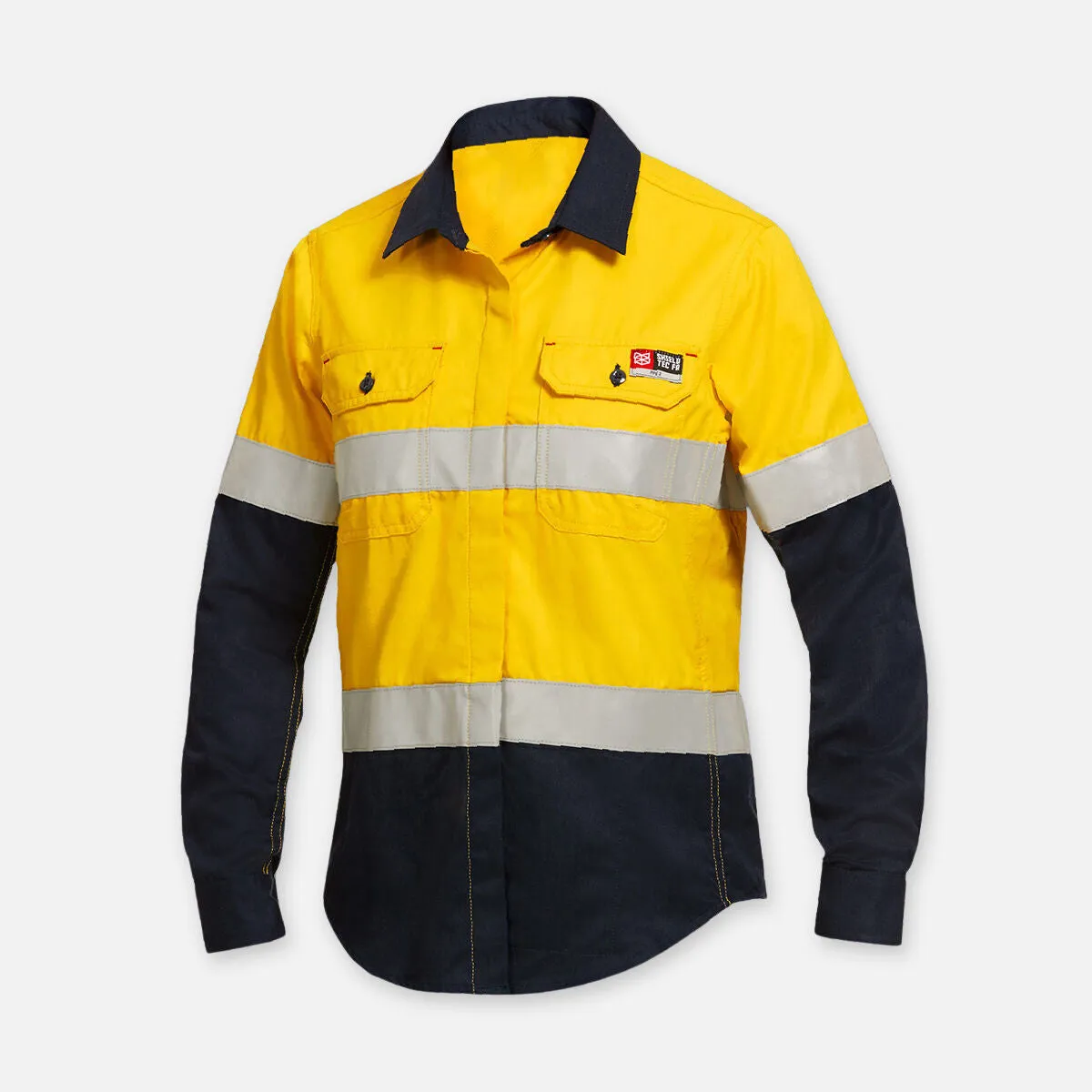 KingGee Women's Shieldtec Flame Resistant Hi Vis 2 Tone Open Front Long Sleeve Shirt with FR Tape - Yellow/Navy