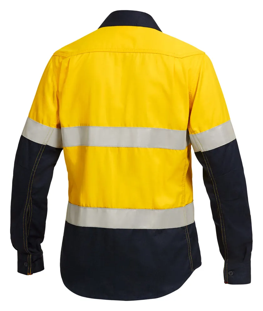 KingGee Women's Shieldtec Flame Resistant Hi Vis 2 Tone Open Front Long Sleeve Shirt with FR Tape - Yellow/Navy