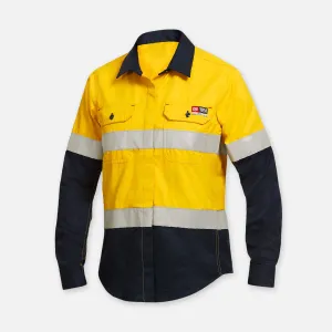 KingGee Women's Shieldtec Flame Resistant Hi Vis 2 Tone Open Front Long Sleeve Shirt with FR Tape - Yellow/Navy