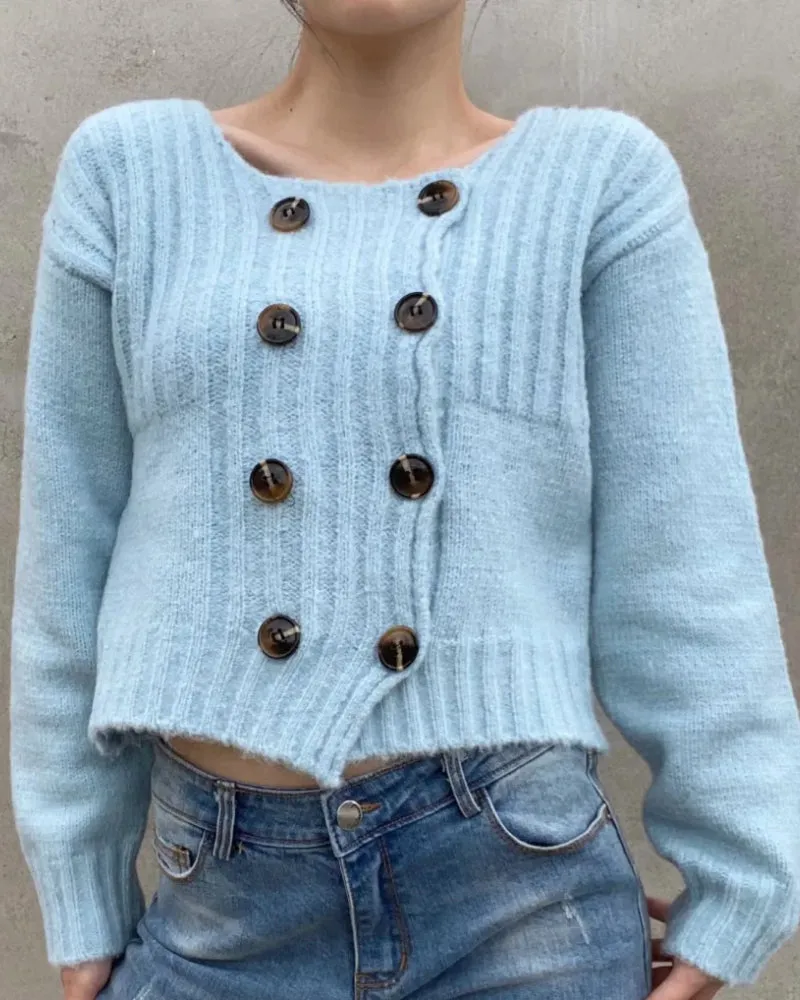 Knit Double-breasted Striped Crop Top Cardigans