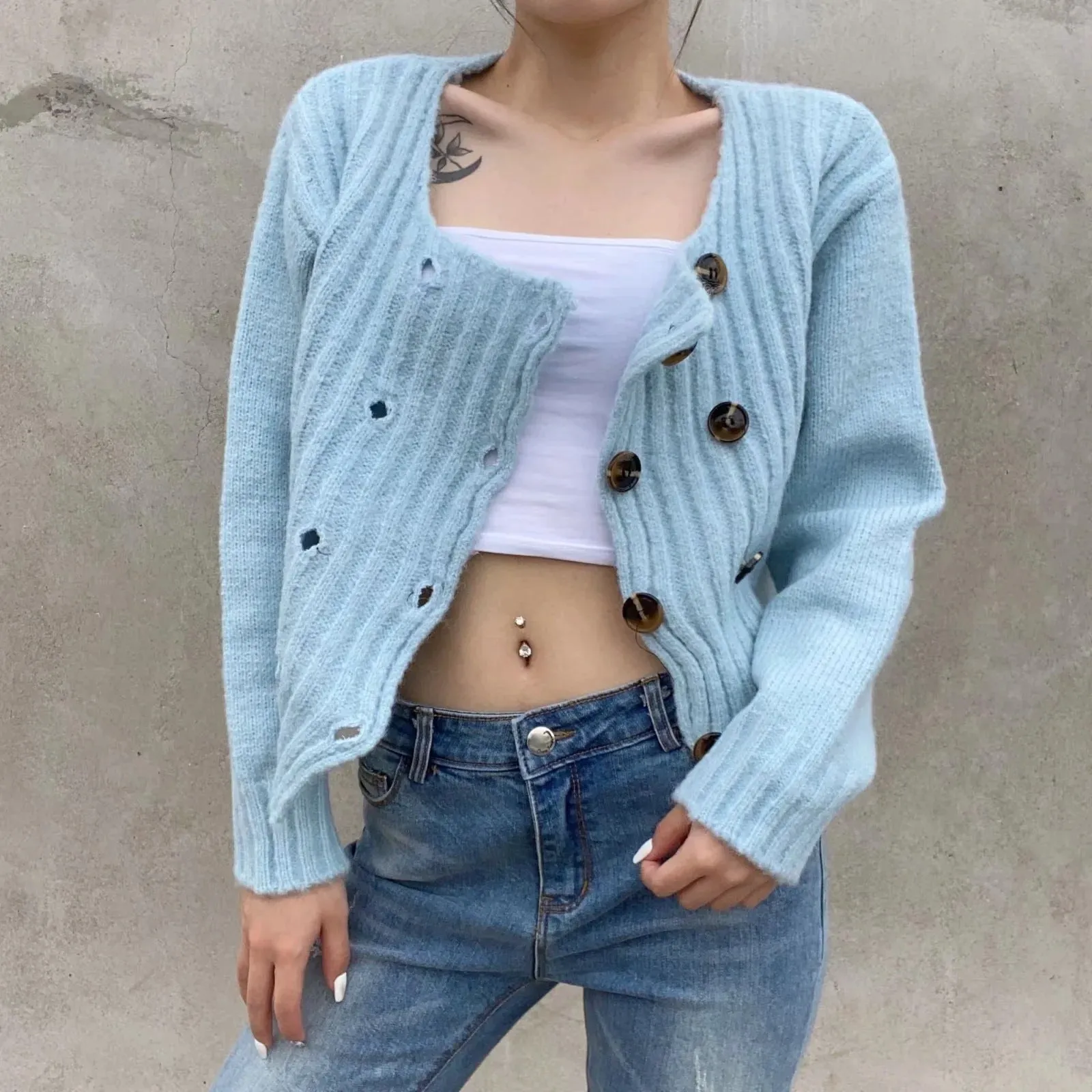 Knit Double-breasted Striped Crop Top Cardigans