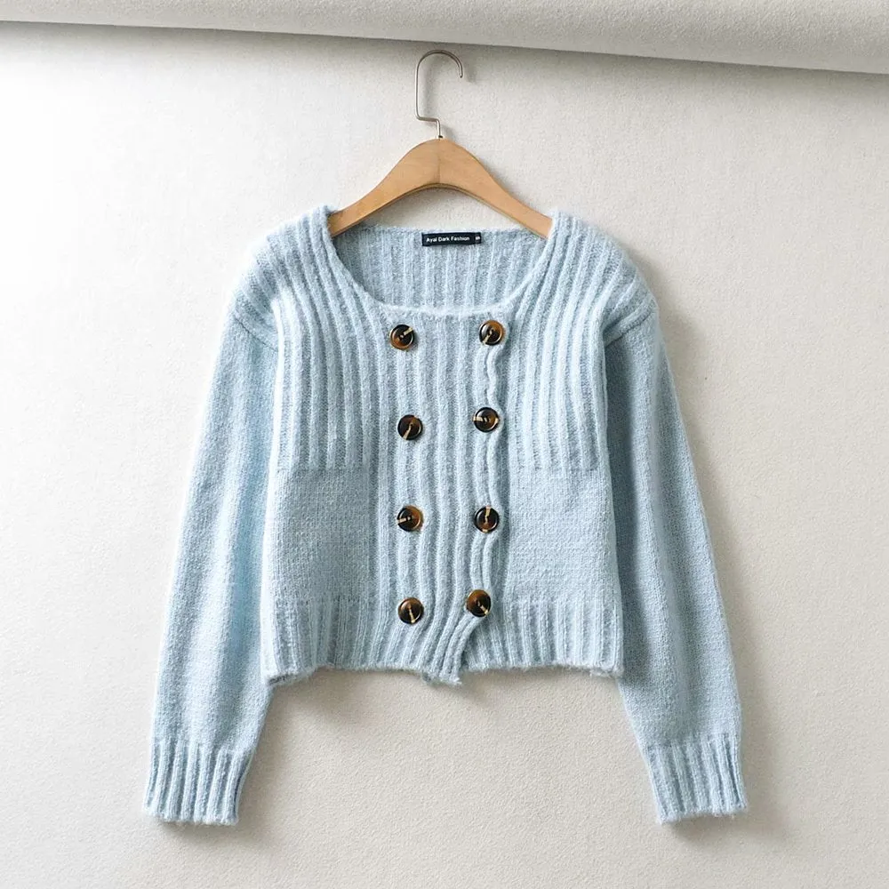 Knit Double-breasted Striped Crop Top Cardigans