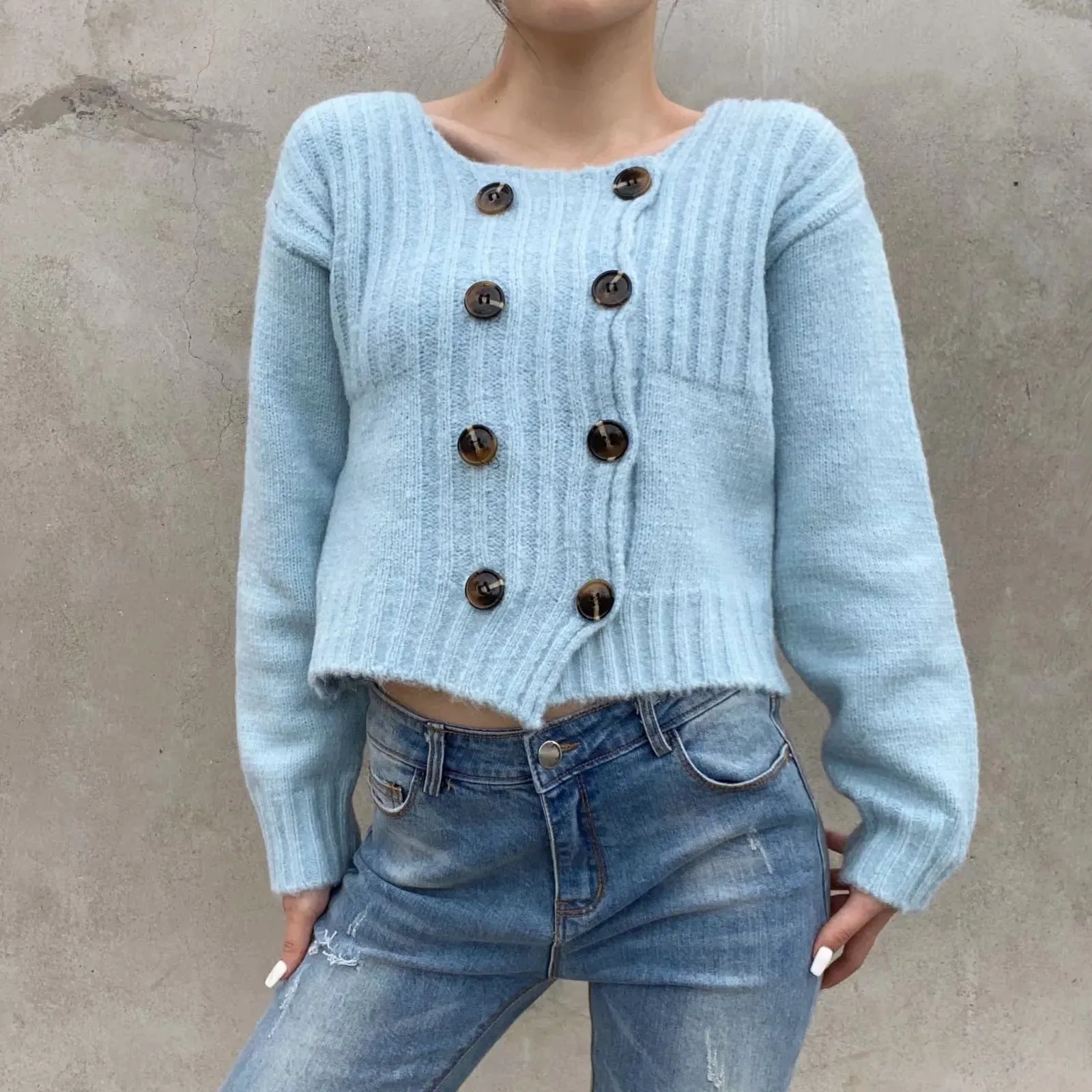 Knit Double-breasted Striped Crop Top Cardigans