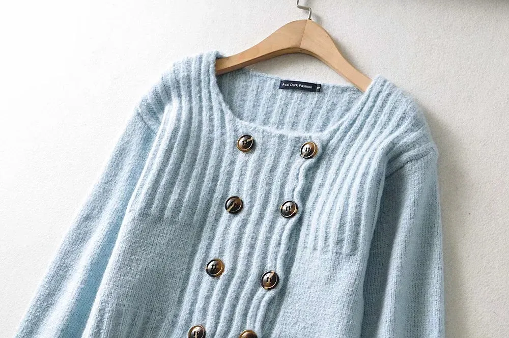 Knit Double-breasted Striped Crop Top Cardigans